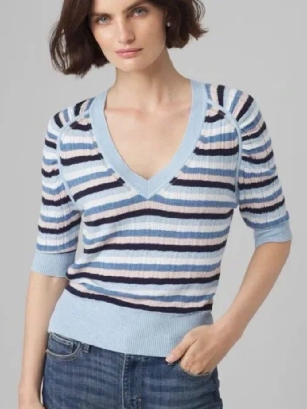 WHBM Cashmere-Blend Striped Elbow Sleeve Knit Tee | Size S